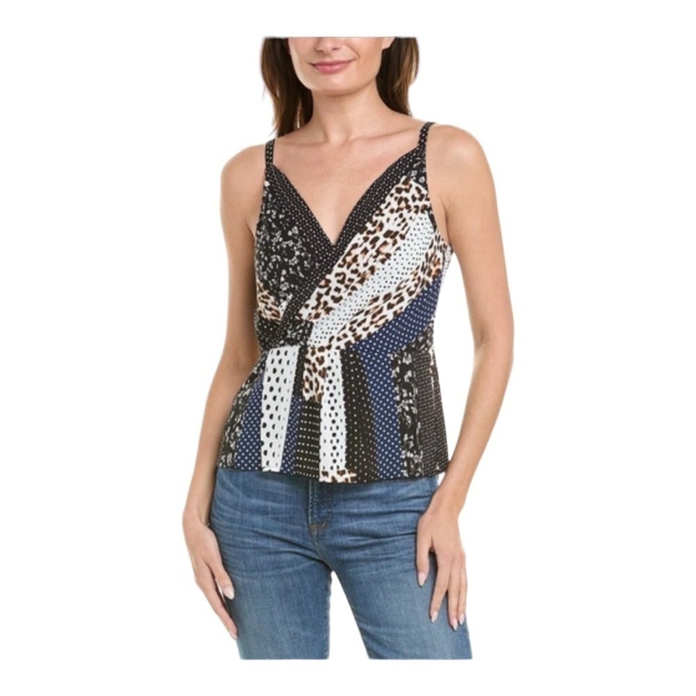 Cabi Chiffon Animal Print Polka Dot Faux Wrap Sleeveless Blouse Size 6 Women Q55